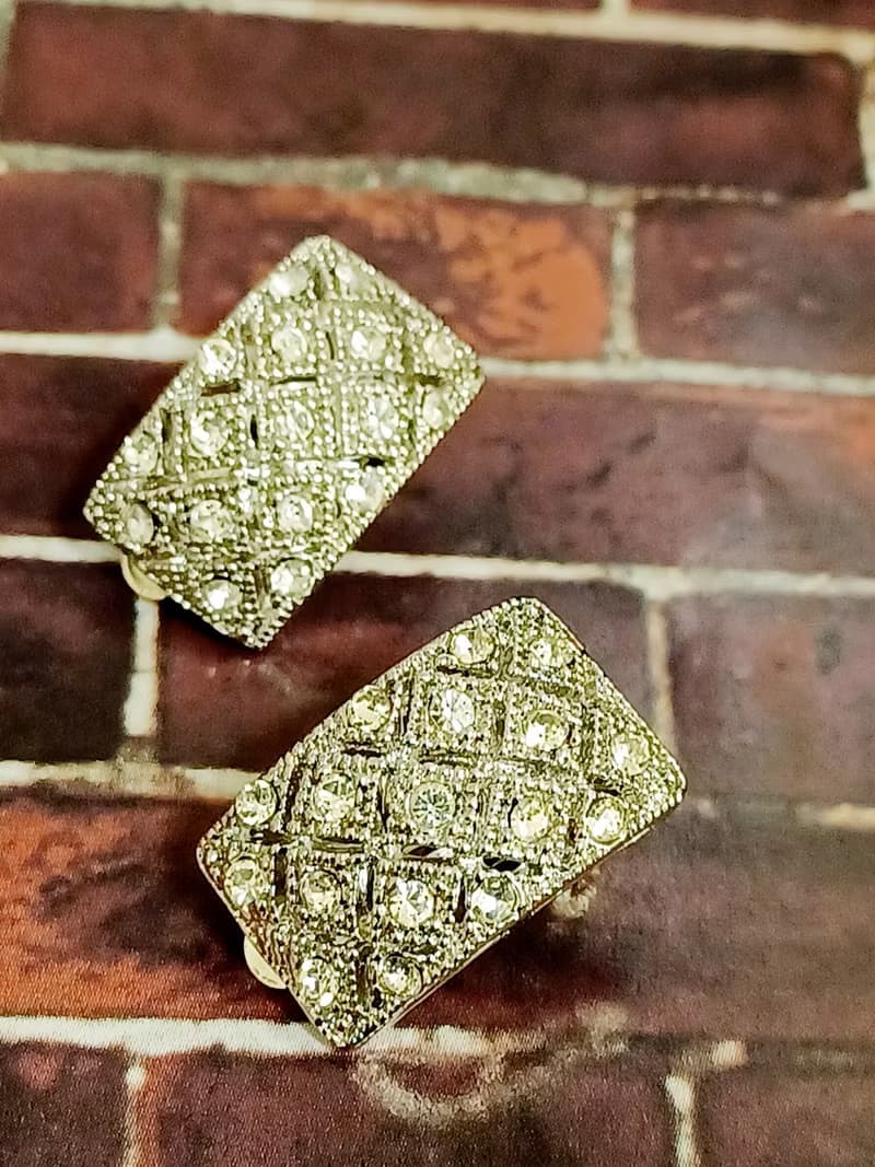 vintage jewelry  古典奢華滿綴方形萊茵 夾式耳環