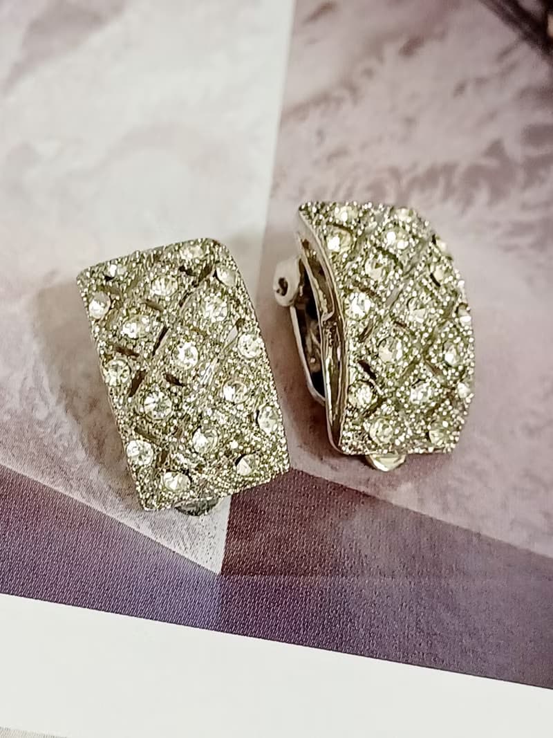 vintage jewelry  古典奢華滿綴方形萊茵 夾式耳環