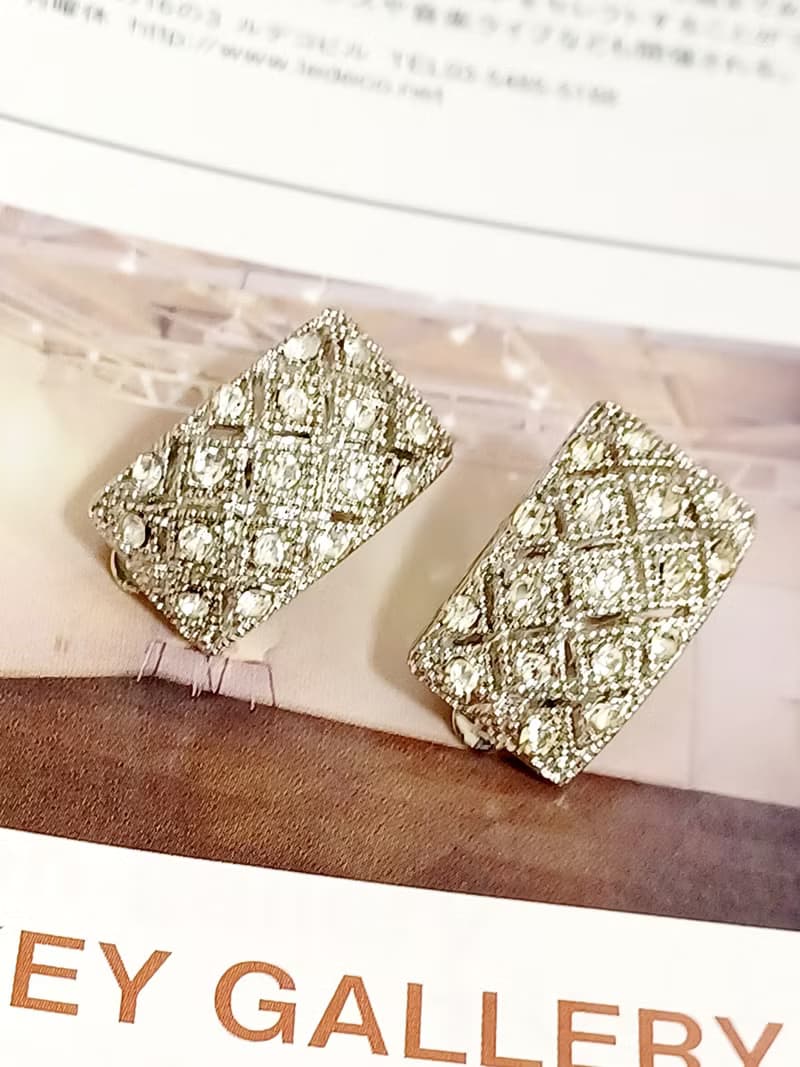 vintage jewelry  古典奢華滿綴方形萊茵 夾式耳環