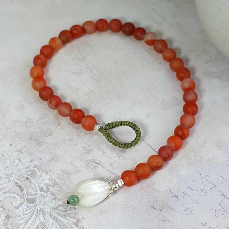 手鍊 磨砂質感 天然 南紅瑪瑙 貝殼花 翡翠珠 925銀飾 蠟線 編織