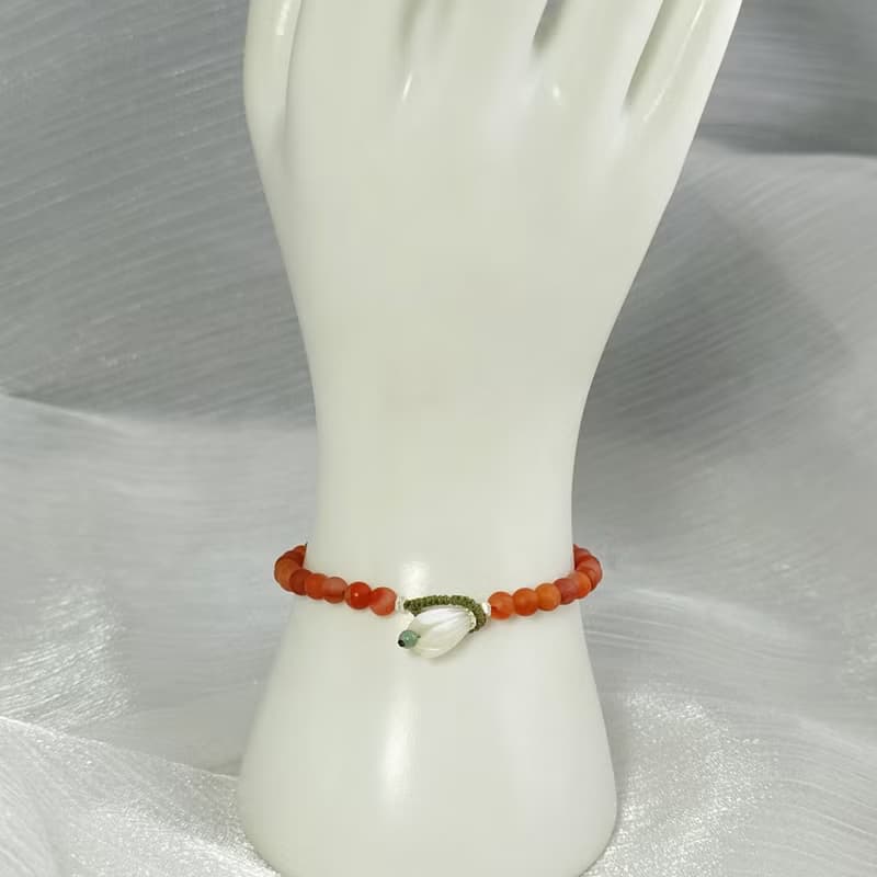 手鍊 磨砂質感 天然 南紅瑪瑙 貝殼花 翡翠珠 925銀飾 蠟線 編織