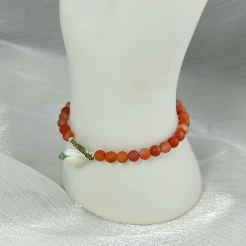 手鍊 磨砂質感 天然 南紅瑪瑙 貝殼花 翡翠珠 925銀飾 蠟線 編織