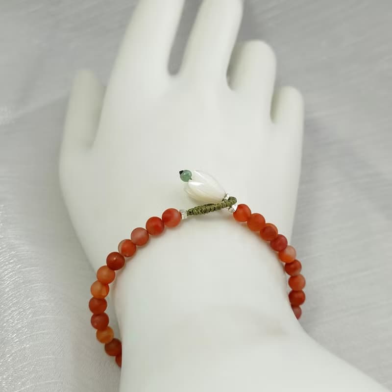 手鍊 磨砂質感 天然 南紅瑪瑙 貝殼花 翡翠珠 925銀飾 蠟線 編織