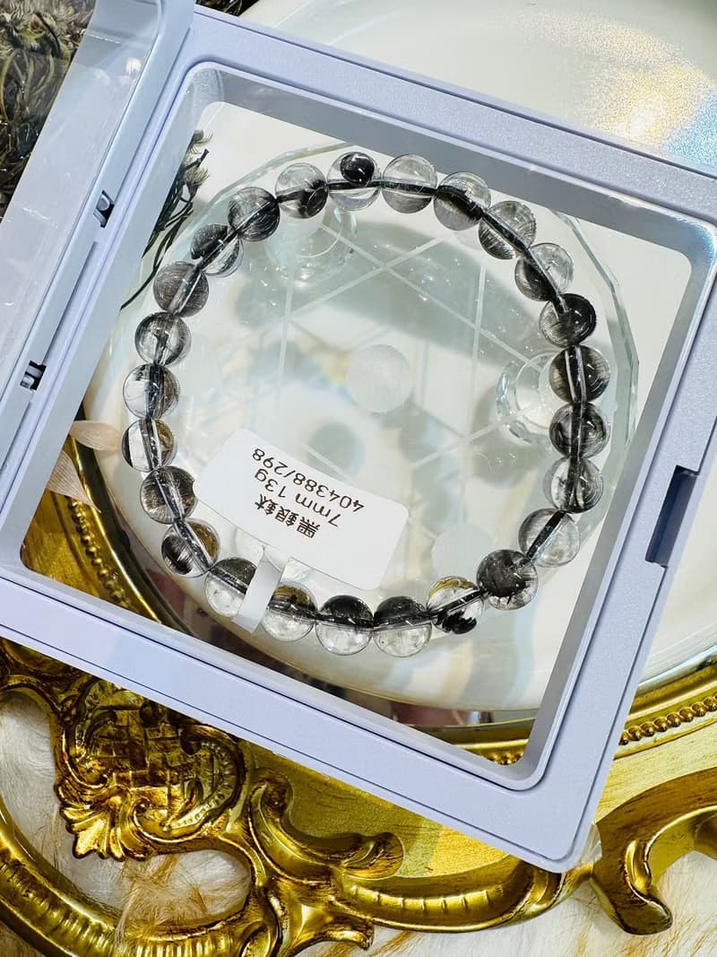 天然玻璃透厚絲羽毛黑銀鈦7mm13g手珠主招財納寶驅邪避煞防小
