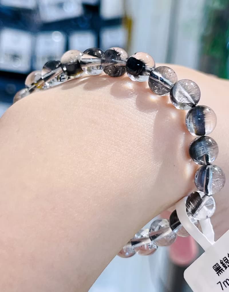 天然玻璃透厚絲羽毛黑銀鈦7mm13g手珠主招財納寶驅邪避煞防小