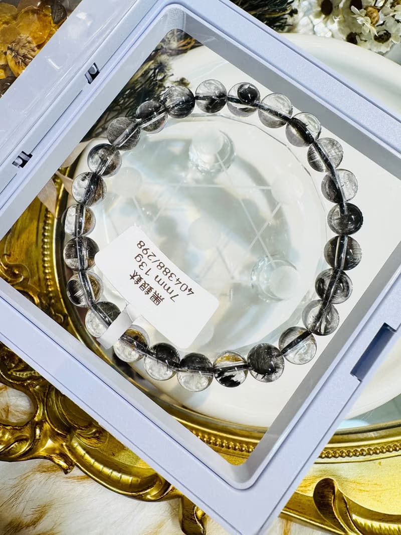 天然玻璃透厚絲羽毛黑銀鈦7mm13g手珠主招財納寶驅邪避煞防小人