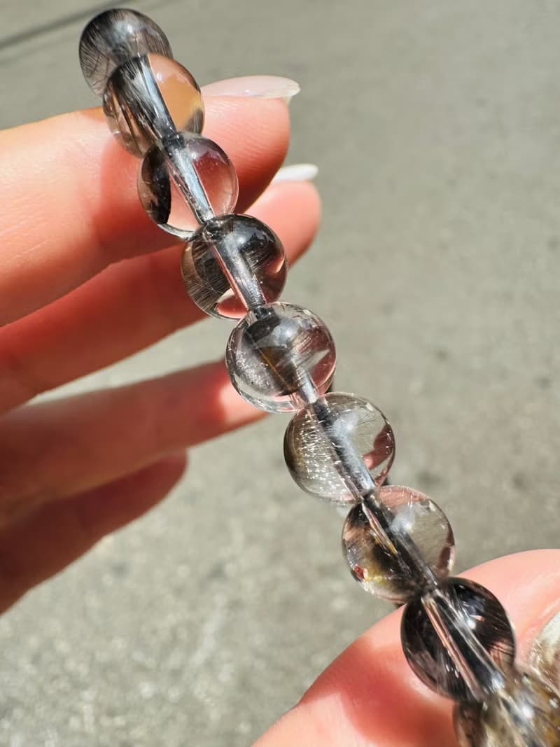 天然玻璃透厚絲羽毛黑銀鈦7mm13g手珠主招財納寶驅邪避煞防小人