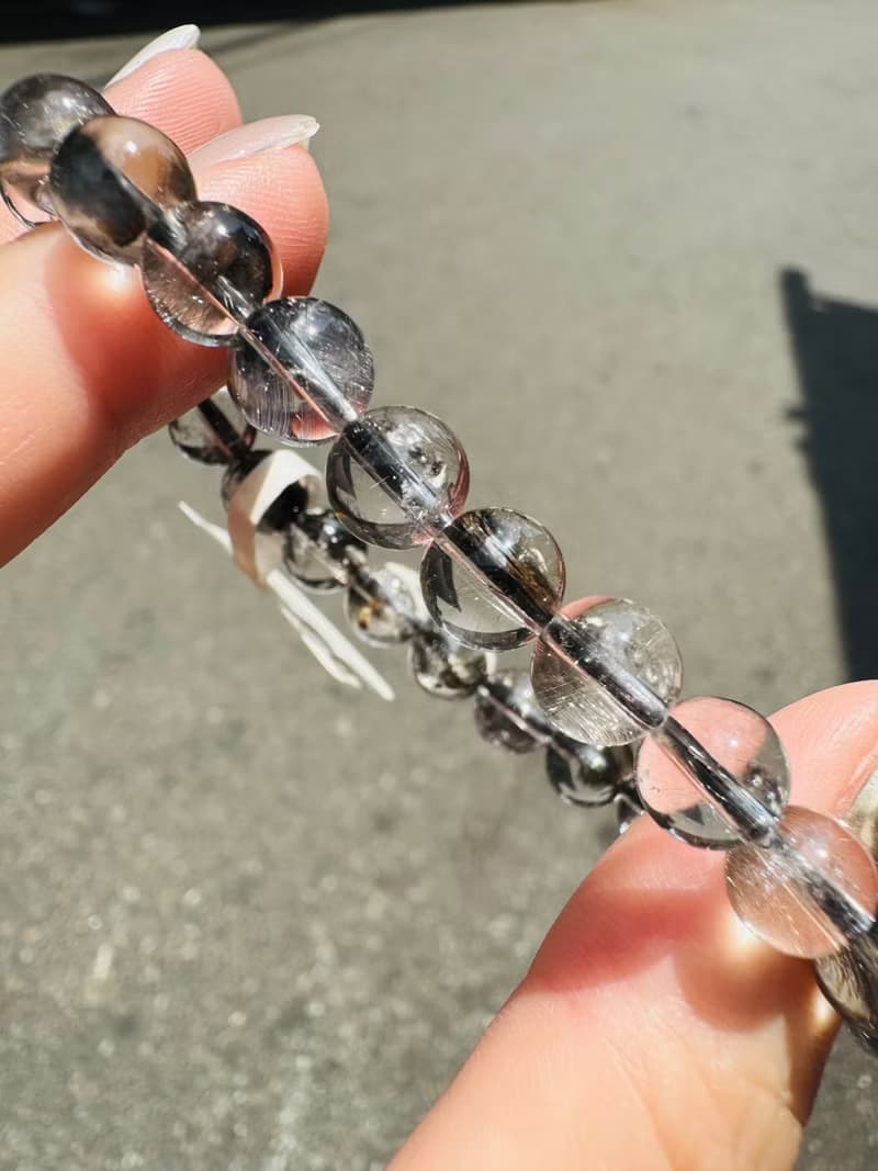 天然玻璃透厚絲羽毛黑銀鈦7mm13g手珠主招財納寶驅邪避煞防小人