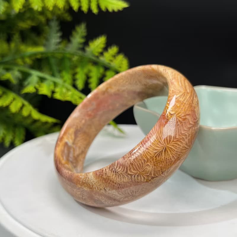 精品 珊瑚玉手鐲 56MM 冰潤高瓷 天眼鳳尾紋 菊花玉手環 生機希望