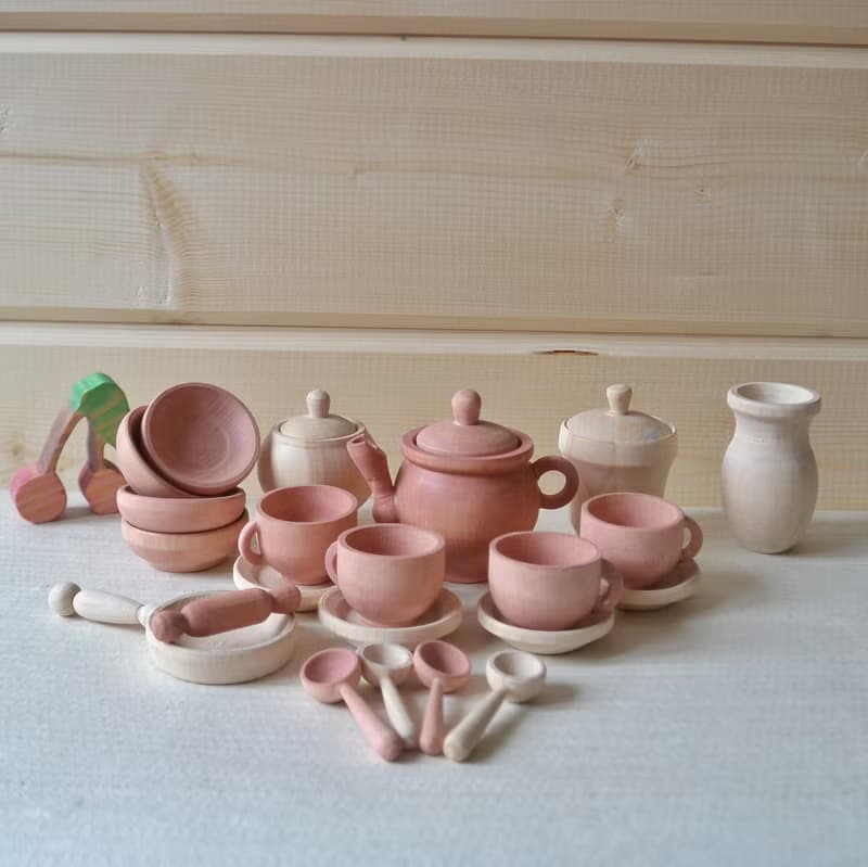 Wooden Toy Dishes Toddler Tea Set Wooden play kitchen Rainbow stacking toy