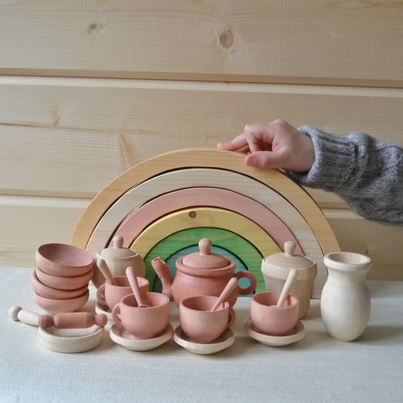 Wooden Toy Dishes Toddler Tea Set Wooden play kitchen Rainbow stacking toy