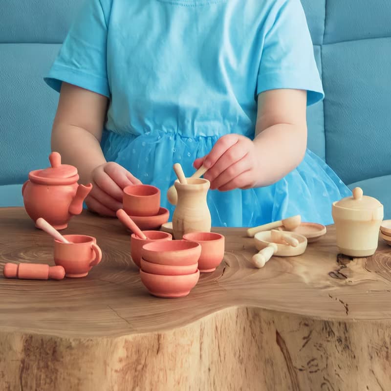 Wooden Toy Dishes Toddler Tea Set Wooden play kitchen Rainbow stacking toy
