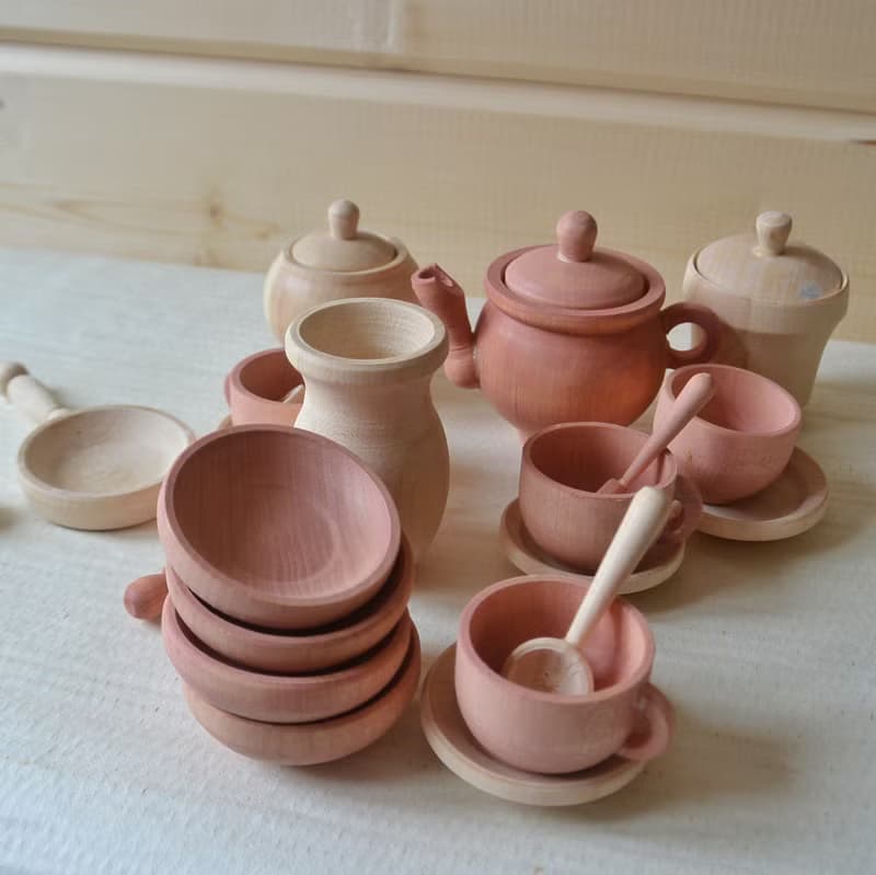 Wooden Toy Dishes Toddler Tea Set Wooden play kitchen Rainbow stacking toy