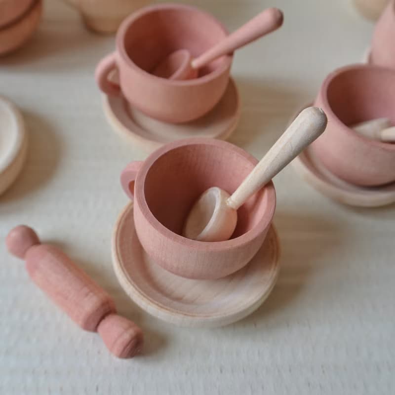 Wooden Toy Dishes Toddler Tea Set Wooden play kitchen Rainbow stacking toy