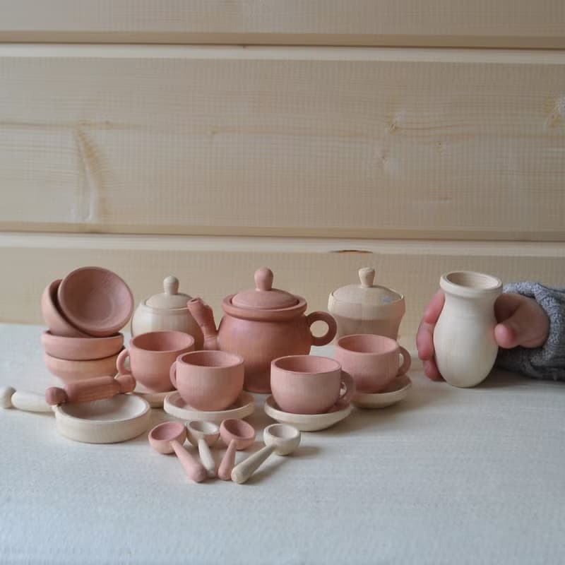 Wooden Toy Dishes Toddler Tea Set Wooden play kitchen Rainbow stacking toy