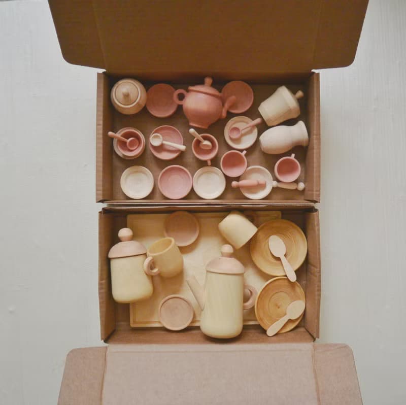 Wooden Toy Dishes Toddler Tea Set Wooden play kitchen Rainbow stacking toy