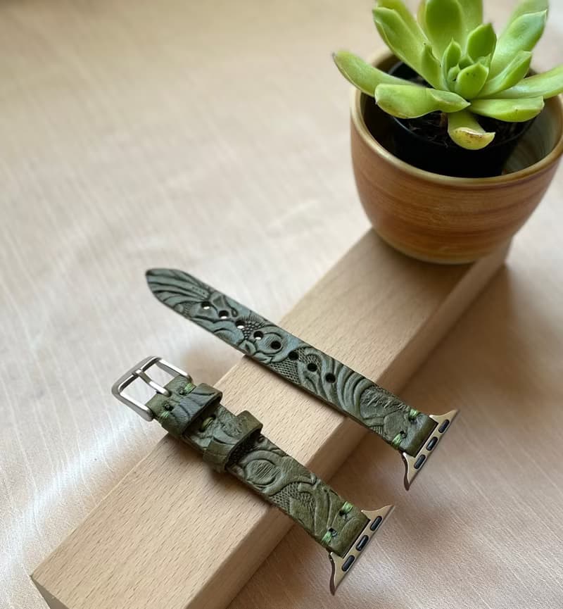 Timeless 手工 意大利單層牛皮 雕花 墨綠 Apple Watch 錶帶
