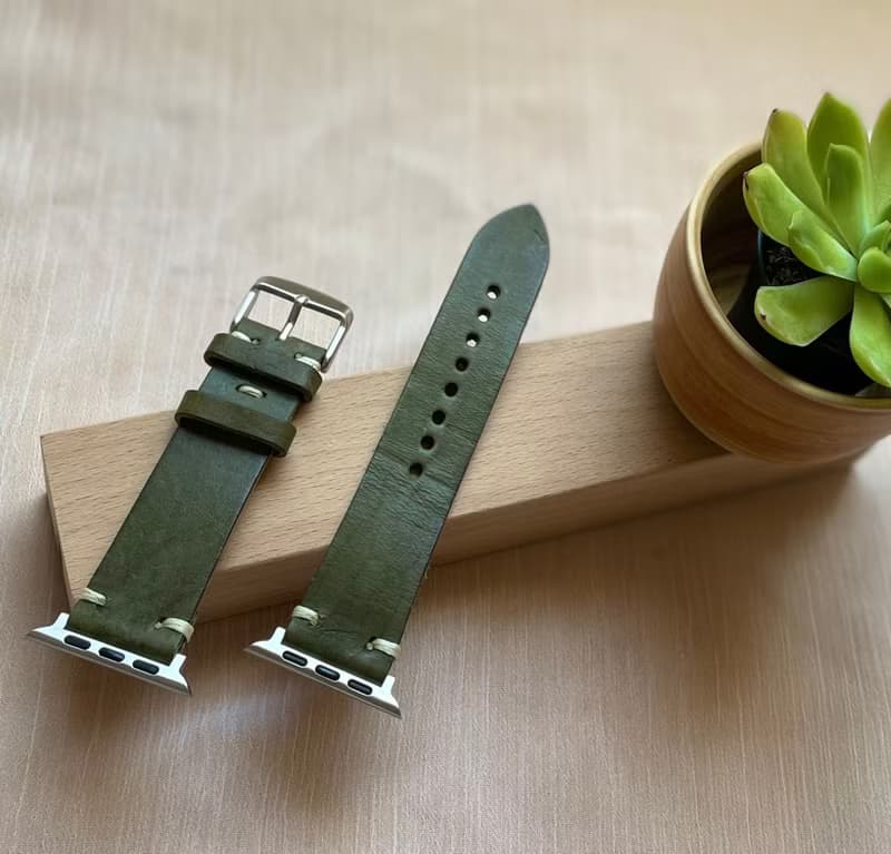 Timeless 手工 意大利單層牛皮 雕花 墨綠 Apple Watch 錶帶