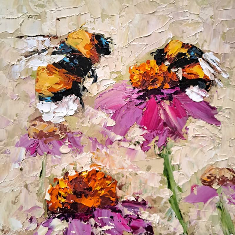 Honeybee Oil Painting Pink Daisy Original Art Flowers Impasto Artwork