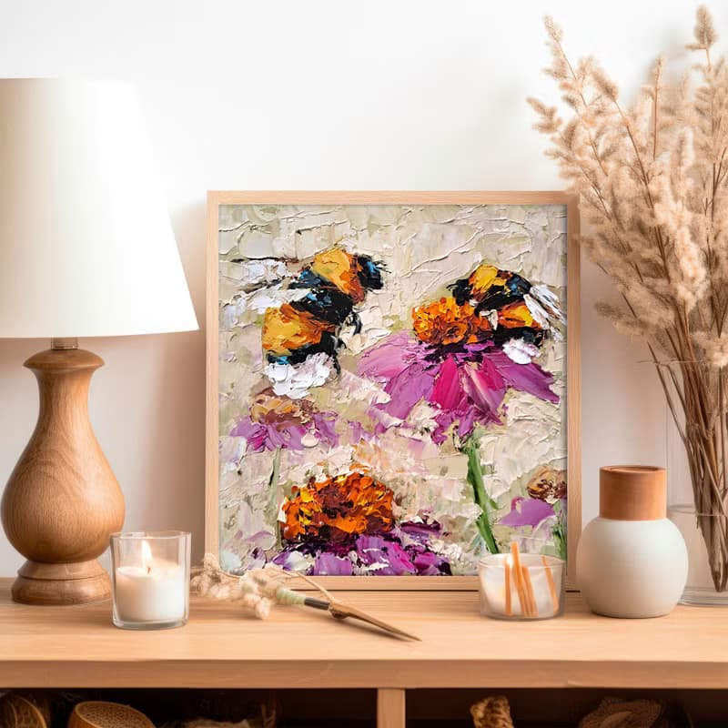 Honeybee Oil Painting Pink Daisy Original Art Flowers Impasto Artwork
