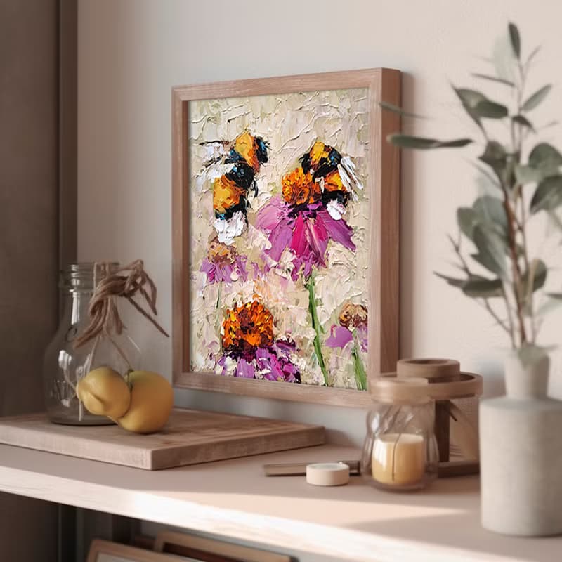 Honeybee Oil Painting Pink Daisy Original Art Flowers Impasto Artwork