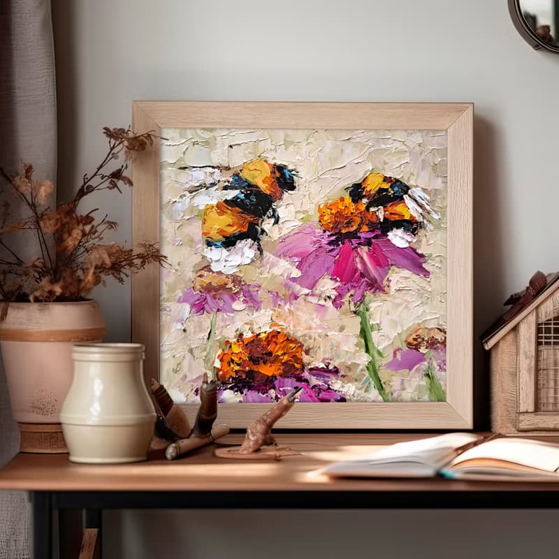 Honeybee Oil Painting Pink Daisy Original Art Flowers Impasto Artwork