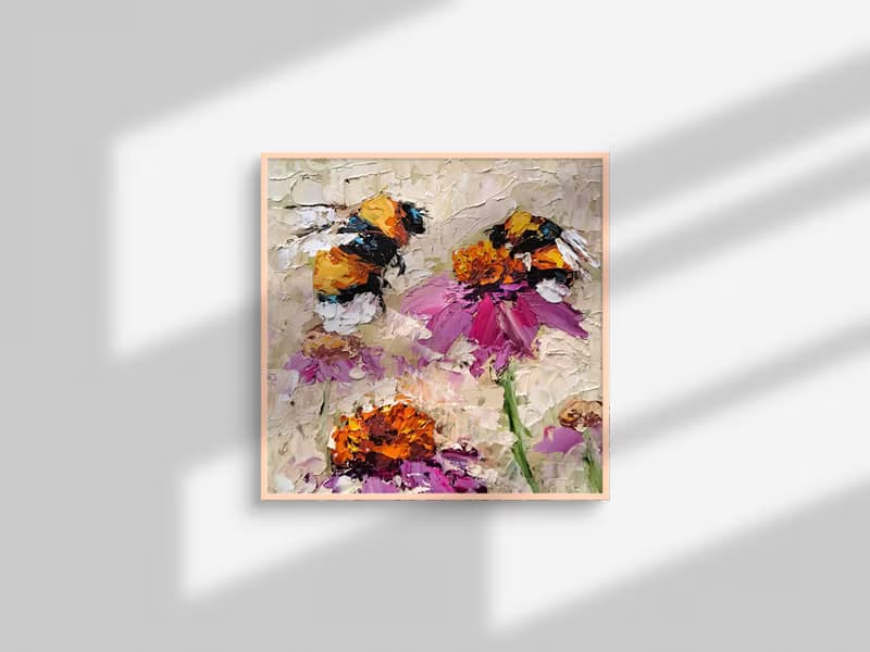 Honeybee Oil Painting Pink Daisy Original Art Flowers Impasto Artwork