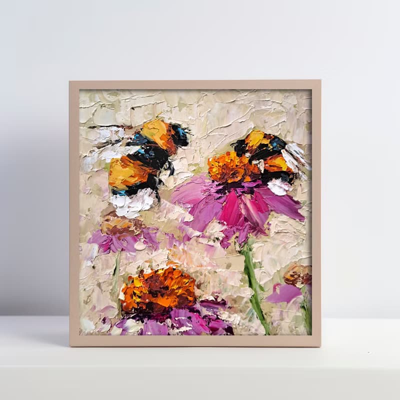 Honeybee Oil Painting Pink Daisy Original Art Flowers Impasto Artwork