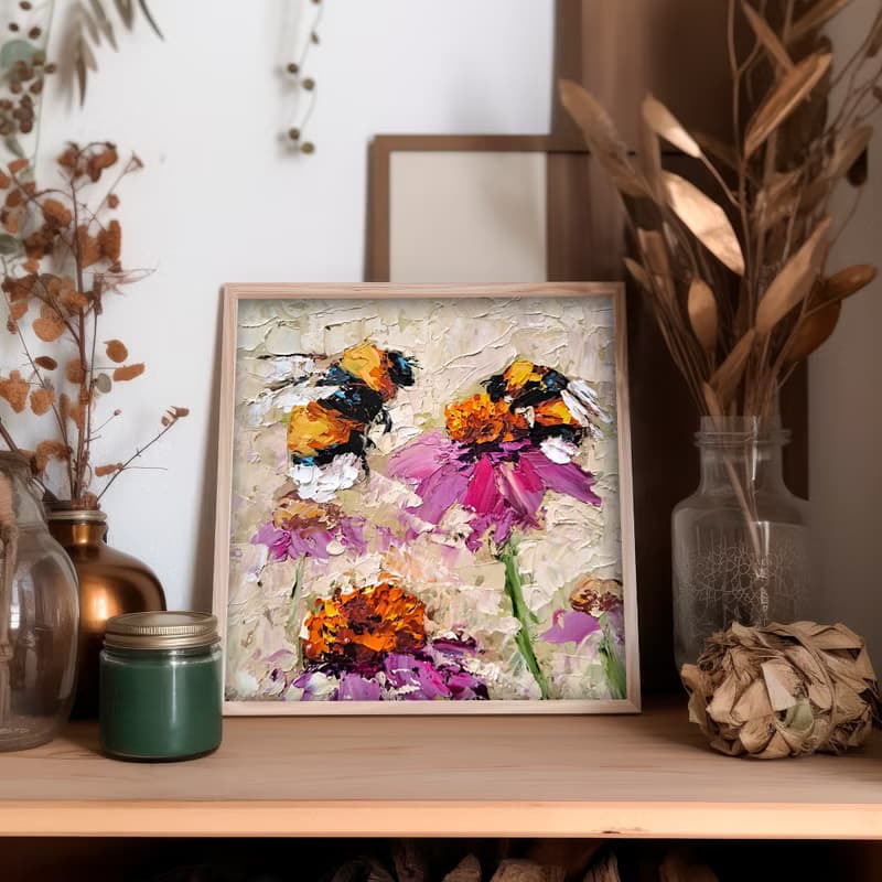 Honeybee Oil Painting Pink Daisy Original Art Flowers Impasto Artwork