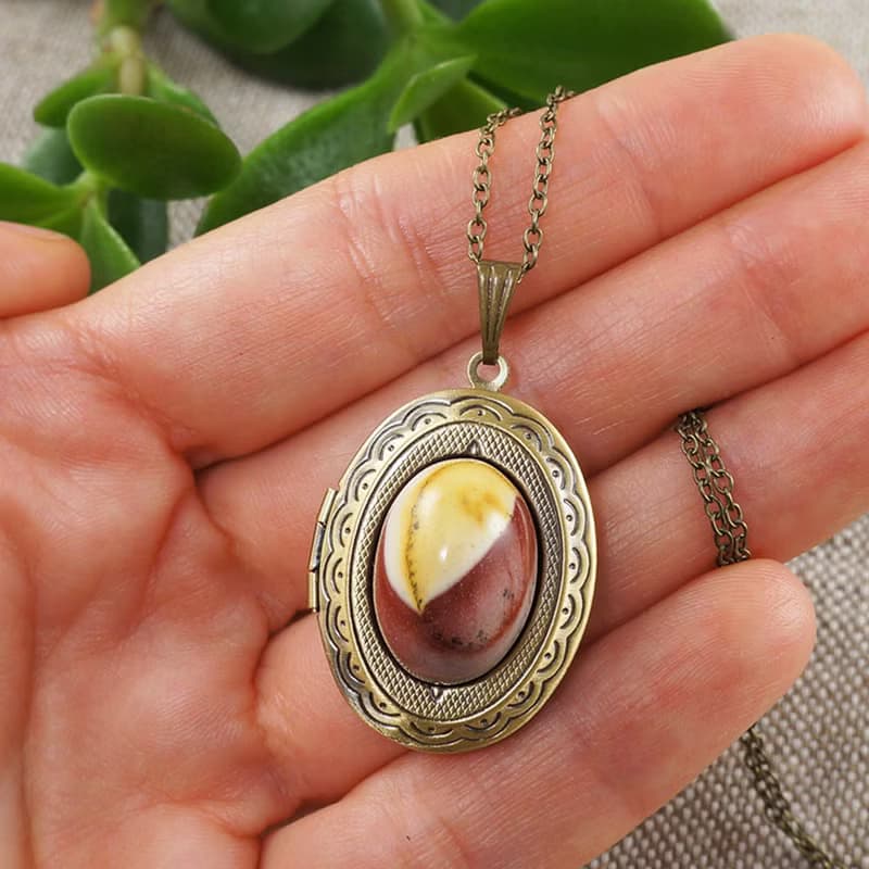 Mookaite Jasper Photo Locket Necklace Yellow Red Jasper Pendant Necklace Jewelry