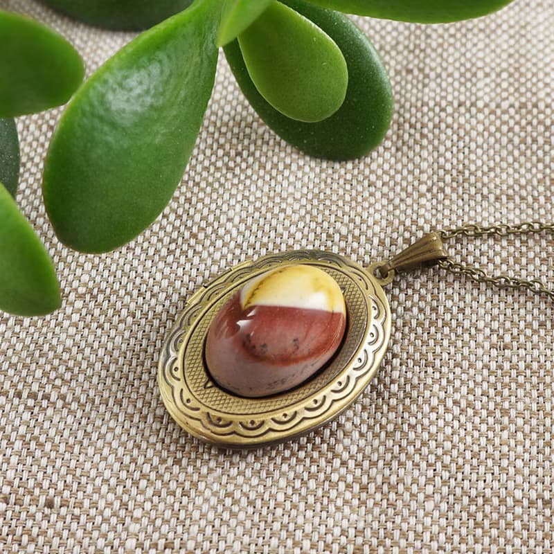 Mookaite Jasper Photo Locket Necklace Yellow Red Jasper Pendant Necklace Jewelry
