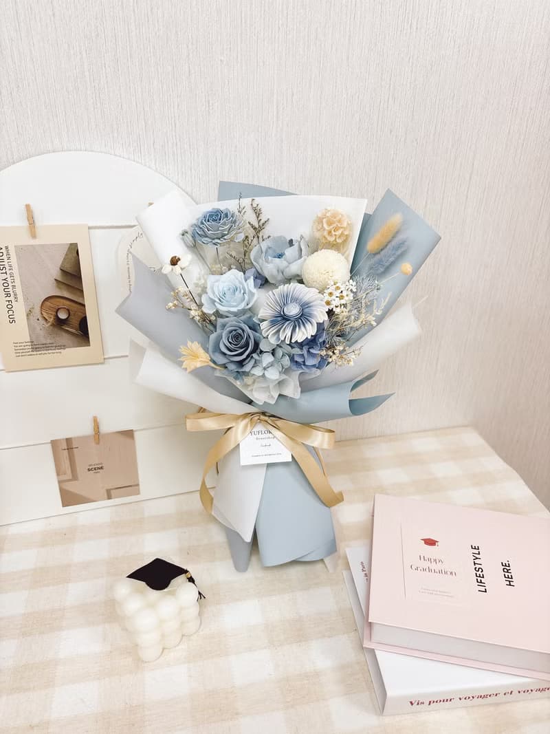 【永生花束】海洋白紗花束-七夕 情人節 生日 乾燥花