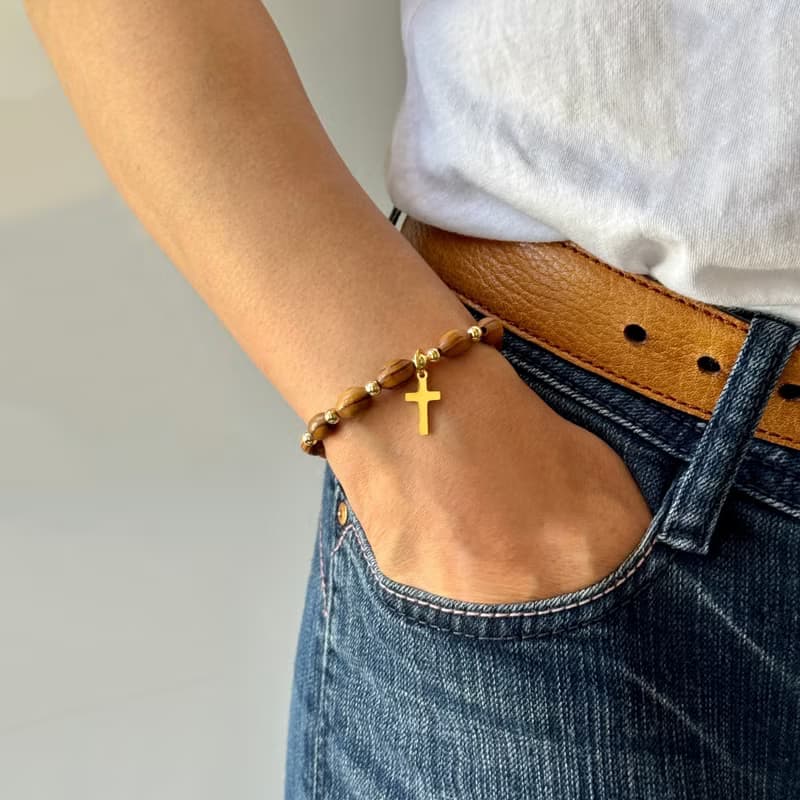 金十字架木質手鍊 不銹鋼十字架 82508b1