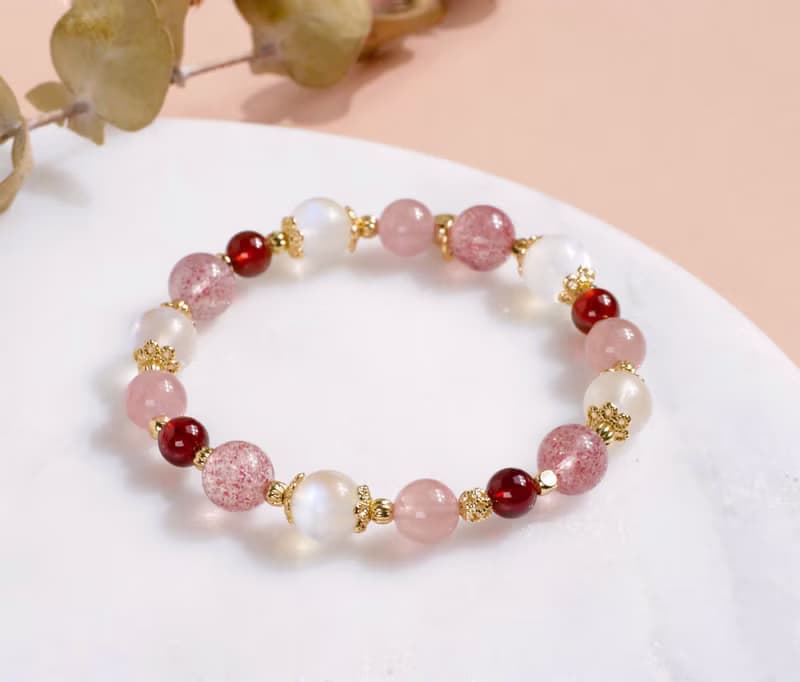 心花綻放 粉晶草莓晶月光石石榴石 水晶手鍊 - 幸福人緣