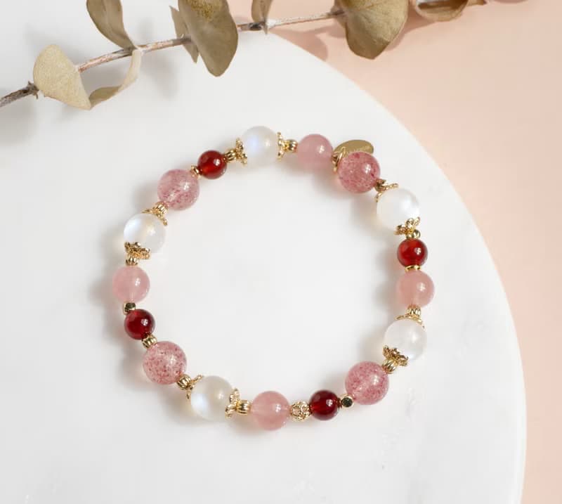 心花綻放 粉晶草莓晶月光石石榴石 水晶手鍊 - 幸福人緣