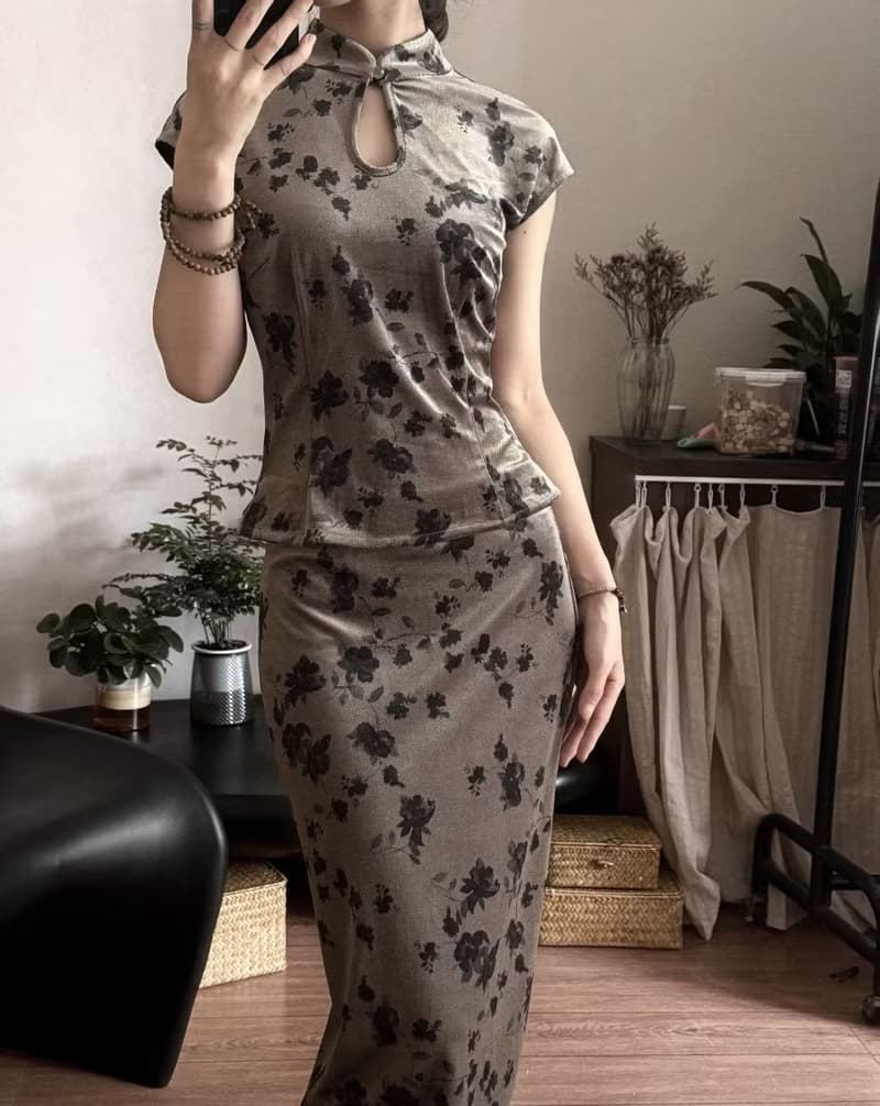 新中式復古 絲絨碎花旗袍上衣半裙套裝