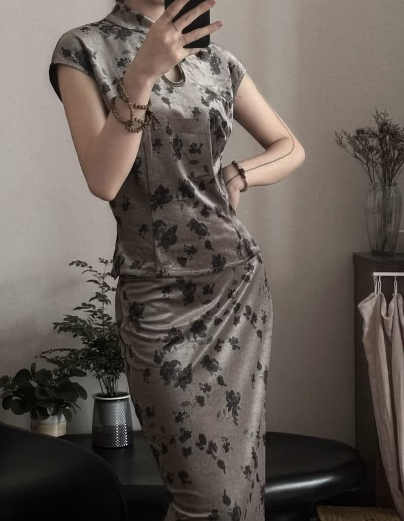 新中式復古 絲絨碎花旗袍上衣半裙套裝