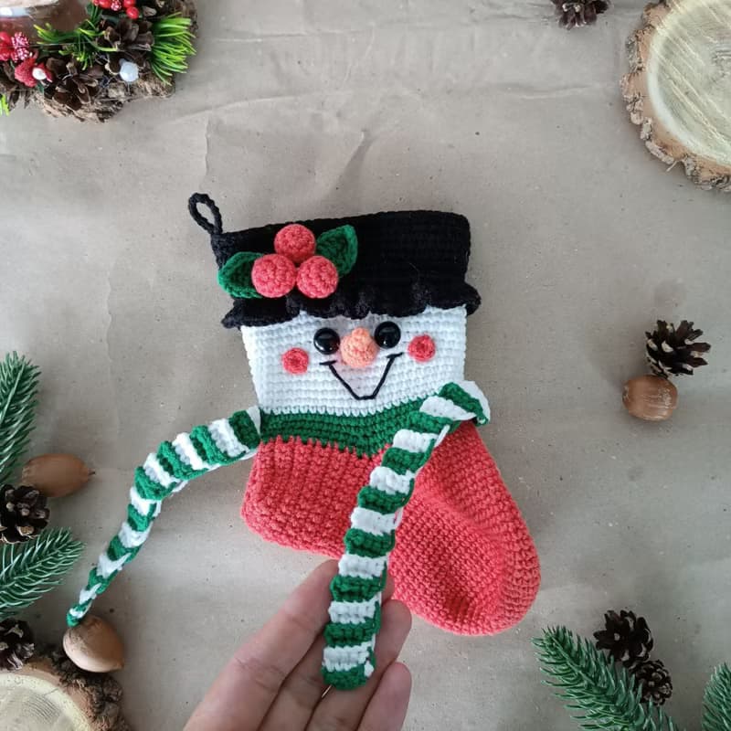 【數位】Crochet pattern Christmas stocking snowman, Christmas amigurumi stocking