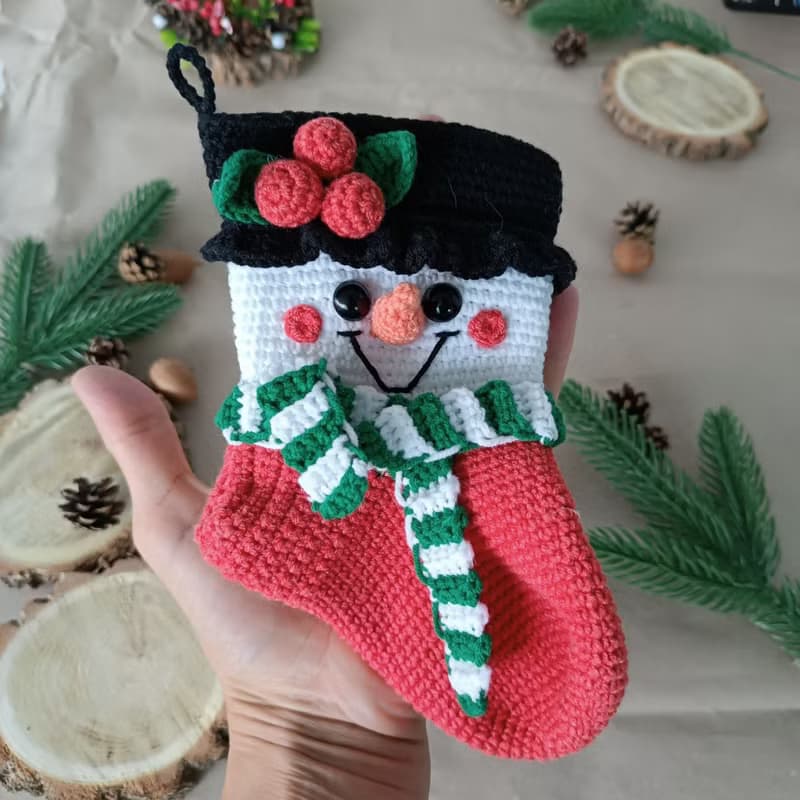 【數位】Crochet pattern Christmas stocking snowman, Christmas amigurumi stocking