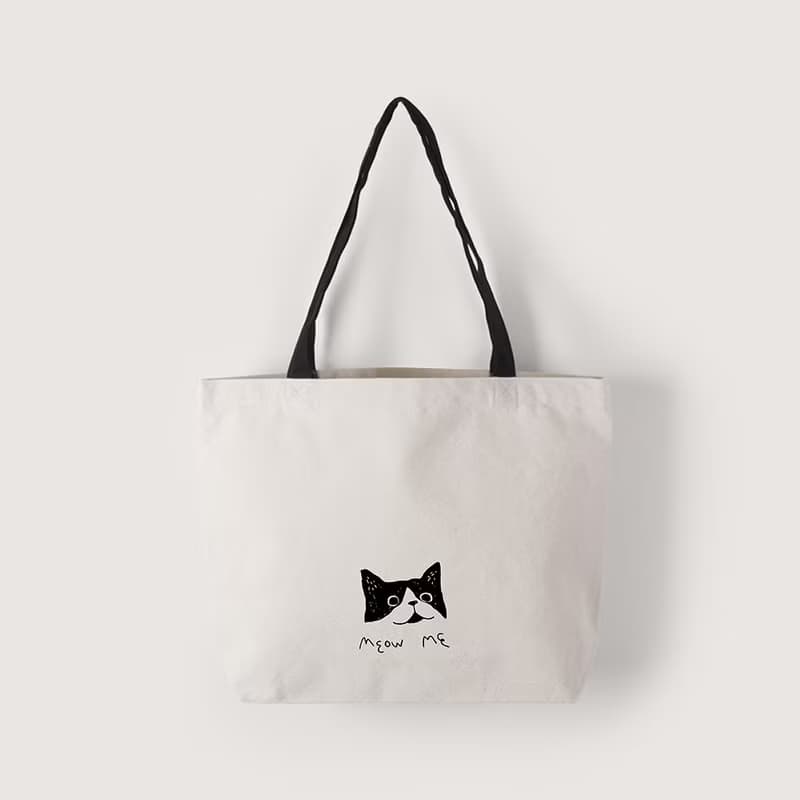 【插畫款】meow me-網版印刷 | 黑色提把橫式帆布袋_貓咪插圖禮物