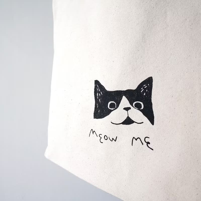 【插畫款】meow me-網版印刷 | 黑色提把橫式帆布袋_貓咪插圖禮物