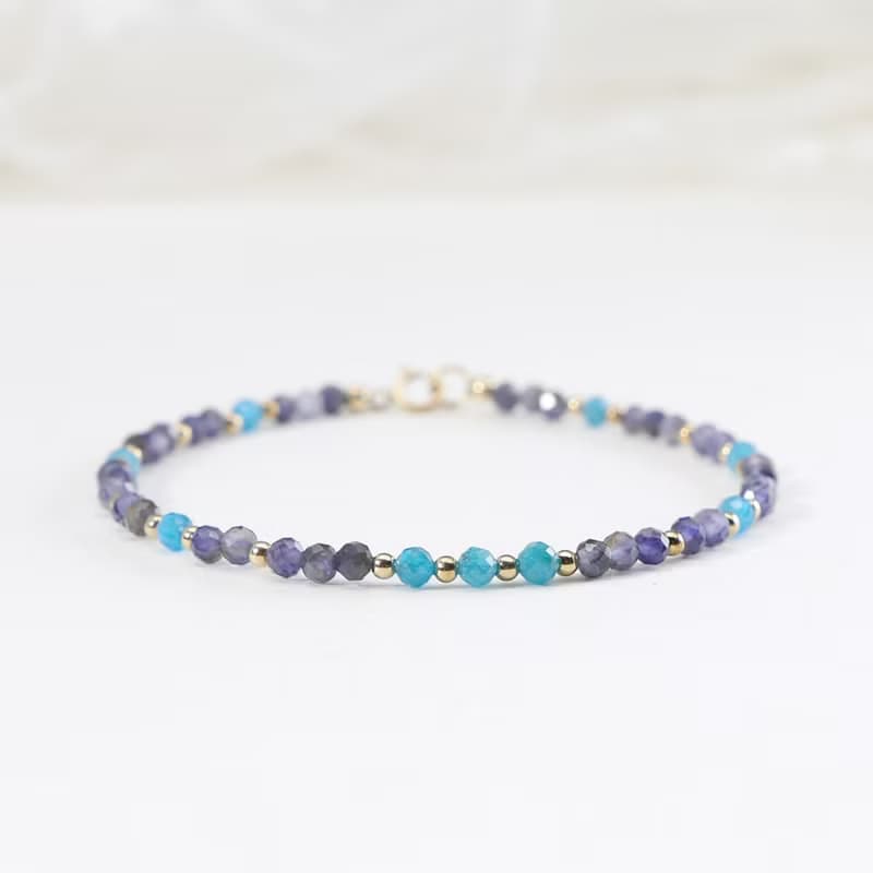 藍磷灰石 堇青石 美國14KGF 3MM極細天然石手鍊