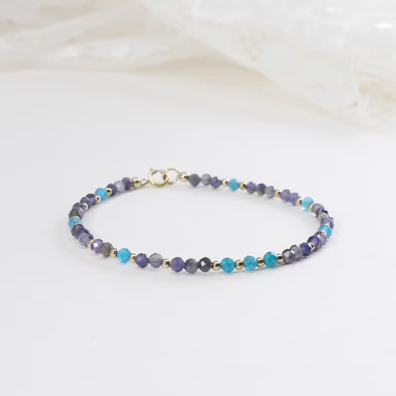 藍磷灰石 堇青石 美國14KGF 3MM極細天然石手鍊