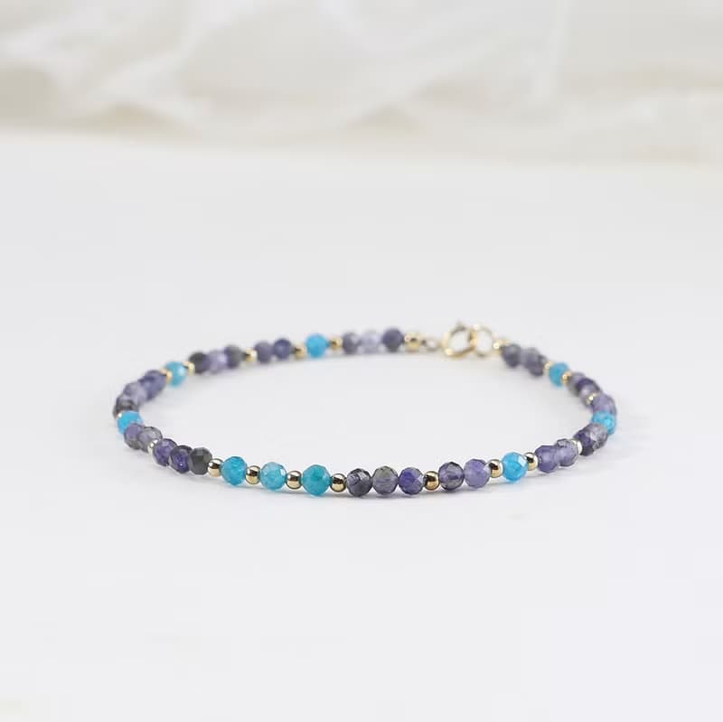 藍磷灰石 堇青石 美國14KGF 3MM極細天然石手鍊