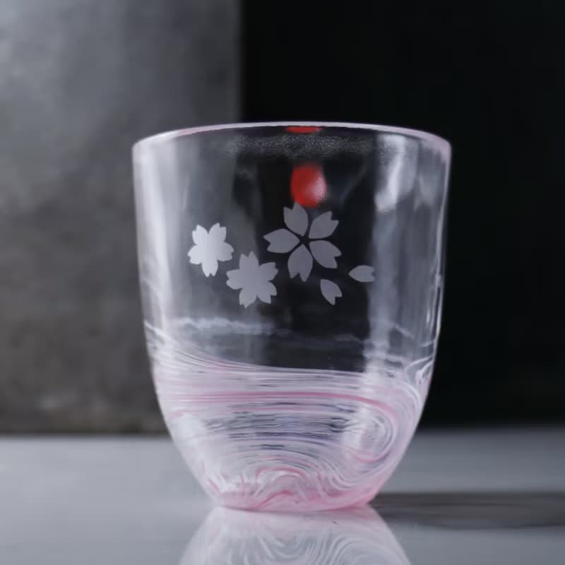 290cc【日本津軽手工雕刻杯】櫻花流水 津軽びいどろ タンブラ