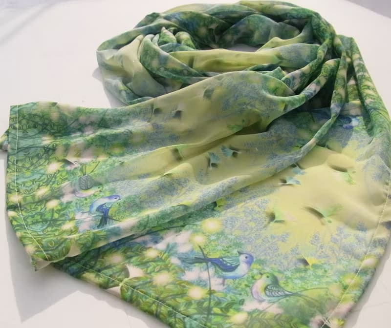 ２週間【Prairie party】小鳥たちと綿毛の春　アートシフォンストール　スカーフ　緑　葉っぱ　ナチュラルコーデ　リボン