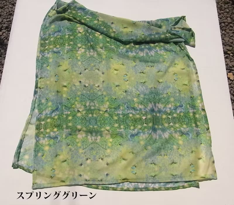 ２週間【Prairie party】小鳥たちと綿毛の春　アートシフォンストール　スカーフ　緑　葉っぱ　ナチュラルコーデ　リボン