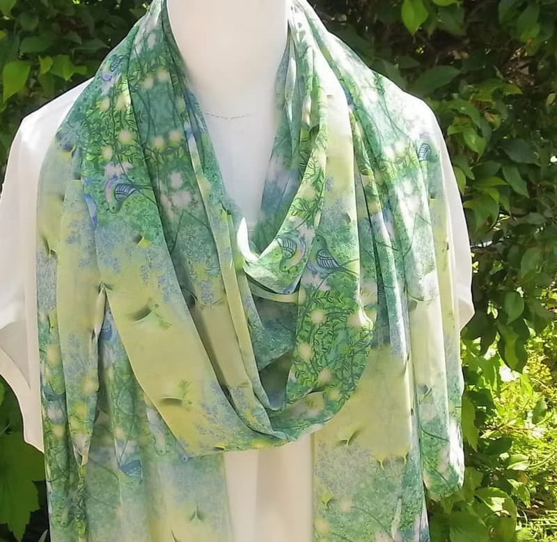 ２週間【Prairie party】小鳥たちと綿毛の春　アートシフォンストール　スカーフ　緑　葉っぱ　ナチュラルコーデ　リボン