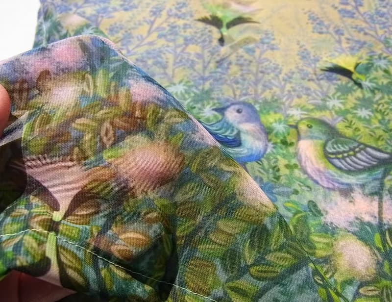 ２週間【Prairie party】小鳥たちと綿毛の春　アートシフォンストール　スカーフ　緑　葉っぱ　ナチュラルコーデ　リボン