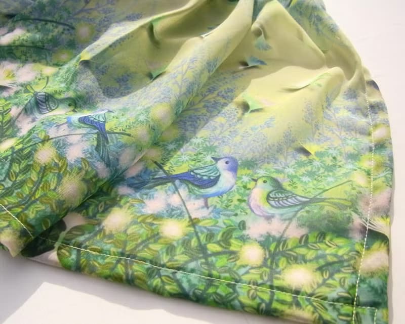 ２週間【Prairie party】小鳥たちと綿毛の春　アートシフォンストール　スカーフ　緑　葉っぱ　ナチュラルコーデ　リボン